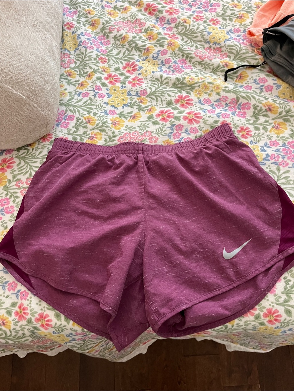 Nike Women's Magenta Athletic Shorts with Silver Swoosh